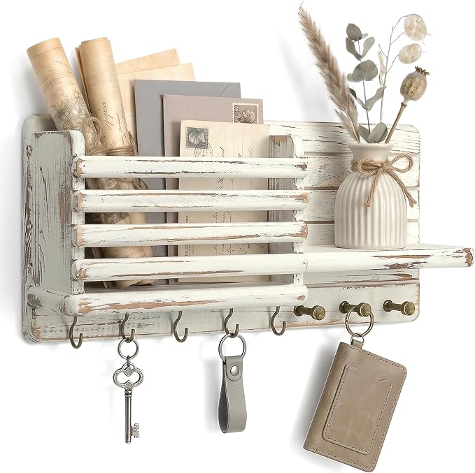 Rebee Vision Key Holder Wall Mount with Mail Slot for Home Decor, Whitewash | Pine Wood, Key Holder for Wall, Mail Organizer, 8 Key Hooks, Hat Storage, key Hanger, Letter Storage, Room Rustic Aesthetic
