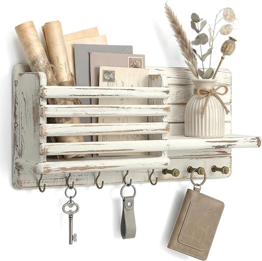 Rebee Vision Key Holder Wall Mount with Mail Slot for Home Decor, Whitewash | Pine Wood, Key Holder for Wall, Mail Organizer, 8 Key Hooks, Hat Storage, key Hanger, Letter Storage, Room Rustic Aesthetic