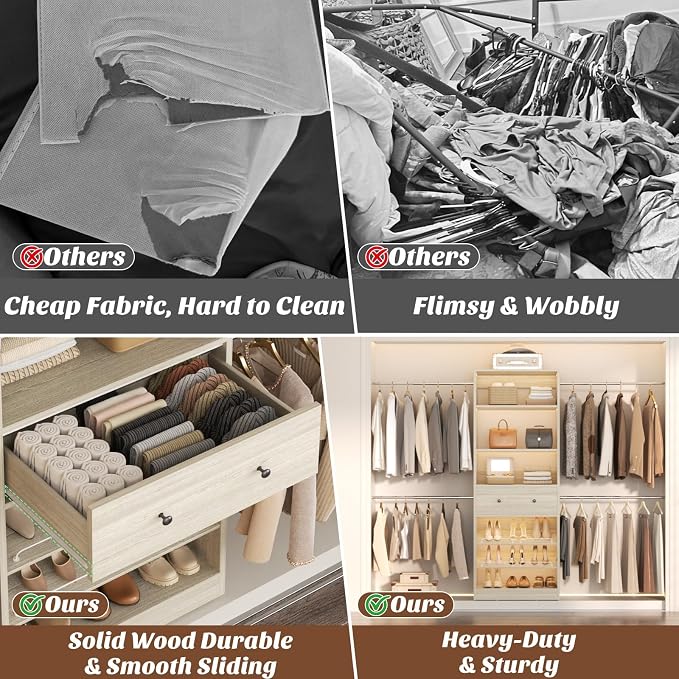 Wood Closet Organizer System with Sensing Light - 4FT-9FT Expandable Wardrobe Closet with Drawer & 4 Hanging Rods, Heavy Duty Walk-in Closet 1000Lbs for Bedroom Walk-in Closet, White Oak