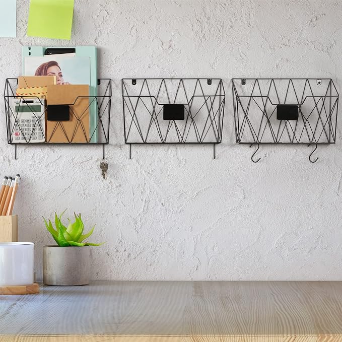 Wall File Organizer, 3 Pack Metal Wall Basket File Holder for Home Office | Vertical Hanging File Organizer, Mail Organizer Wall Mounted Magazine with Label Slot & Hooks, Sorts papers, Mails & Supplies