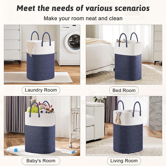 Laundry Basket,Woven Cotton Rope Laundry Hamper,Versatile Storage for Dirty Clothes,Baby Toys,and Blankets in Bathroom, Nursery,and Living Room (Blue, 100L)