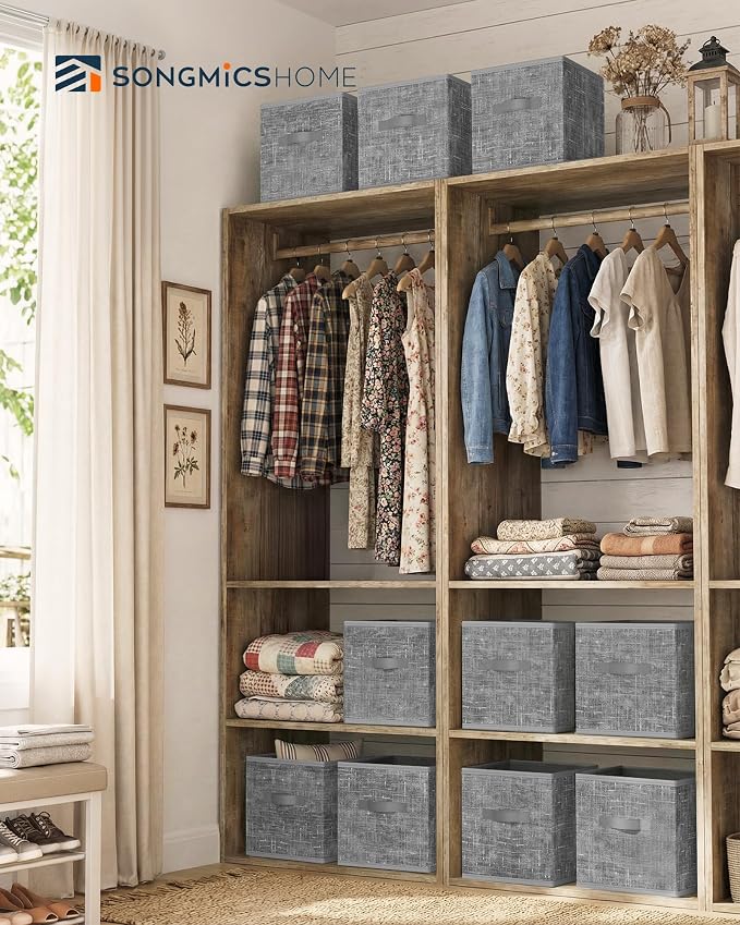 SONGMICS HOME Foldable Storage Cubes Set of 10, Fabric Shelf Organizer Bins with Handles, Closet Storage Boxes for Clothes, 13.2 x 13.2 x 13.2 Inches, Gray