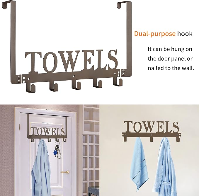 Towel Hooks for Bathroom Over the Door Hooks Wall Mount Rack Holder, Heavy Duty Robe Hooks Hanger for Metal Sandblasted Organizer for Towel Clothes Bag Robe(Coffee)