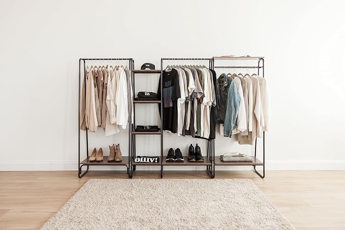 IRIS USA Clothes Rack with Wood Shelf, Garment Storage, Black | Adds storage space for folded clothing, shoes, and accessories with a wood accent surface