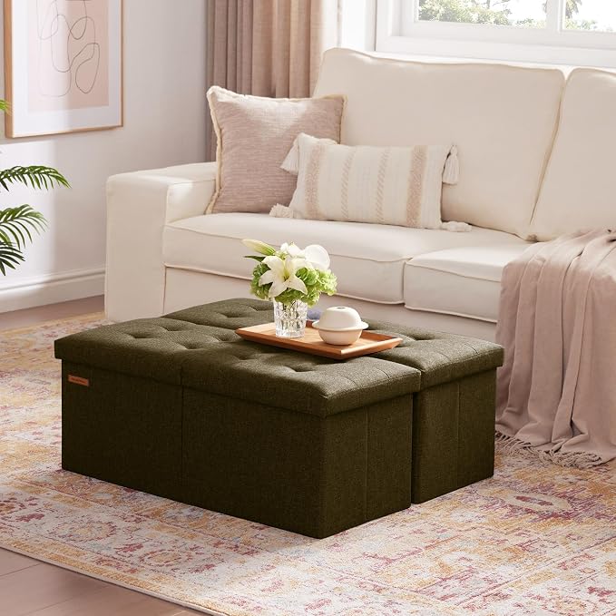 HAUSFRAU Ottoman with Storage Bench Folding Foot Rest Stool Linen Espresso | 31.5", Flip Lid, Small Upholstered Foldable Footrest Footstool, Bedroom Bench, Living Room Dorm Ottoman, Rectangle