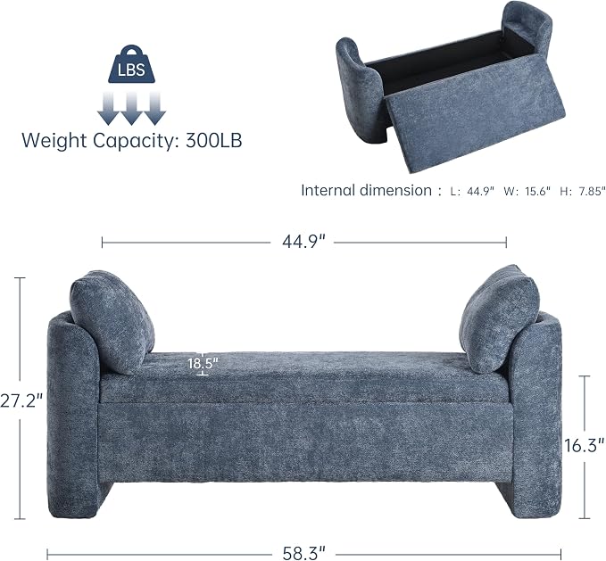 Usaint 58.3" Upholstered Storage Ottoman Bench with 2 Throw Pillows, Blue | End of Bed Bench with Curved Arms and Thickened Seat Cushion for Bedroom, Livingroom, Window, Entryway and Dressing Areas