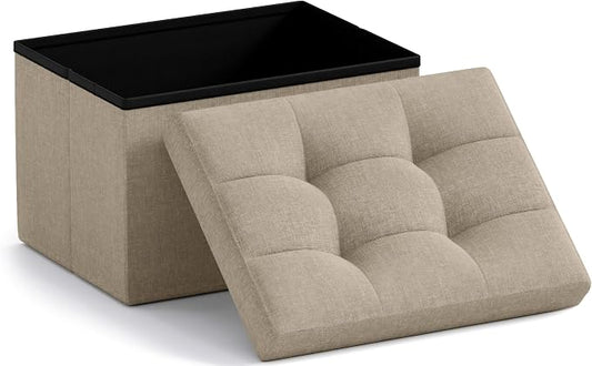 Ornavo Home Small Rectangle Storage Ottoman, Linen, 12x16x12, Taupe | Collapsible Cube Design; Foot Rest Stool Seat; Ideal for Living Room, Bedroom, Home Office or Dorm