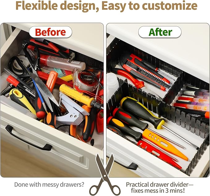 Drawer Divider Adjustable Diy Storage Organizer Separator for Tidying Clutter Cutlery Makeup Clothes of Dresses, Desk & Box in Kitchen Bathroom Bedroom Office (Cut at Will) (Black 8pcs)