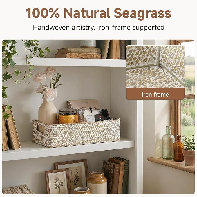 StorageWorks Wicker Toilet Paper Basket for Back of Toilet, Wipe White | Wicker Seagrass Bathroom Basket Organizer and Storage for Tank Topper, Small Tank Trays for Decor with Built-in Handles