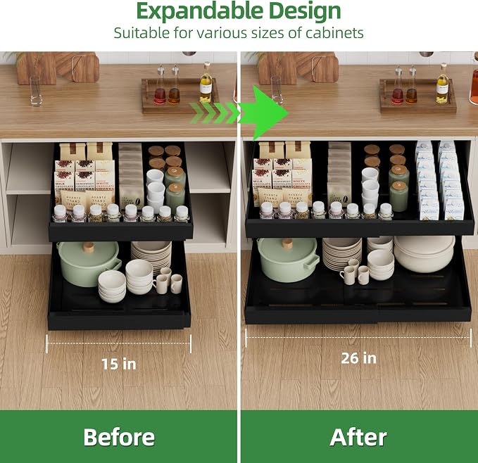 PAKETA 4 Pack Expandable Pull Out Cabinet Organizer,21" Deep | Pull Out Drawers for Cabinets with width from 15" to 26",Sliding Drawers for Cabinets with Upgrade 3 Slide Rails,hold 65 lbs