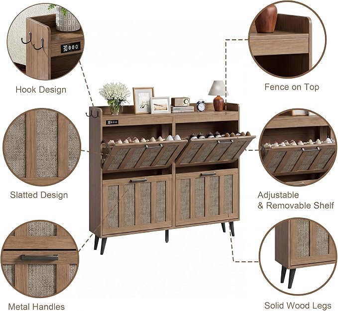 ChooChoo Shoe Storage Cabinet with 4 Flip Drawers and Deodorizer | Shoe Organizer Storage for Entryway, Freestanding Hidden Slim Narrow Shoe Rack Cabinet, Rustic Oak
