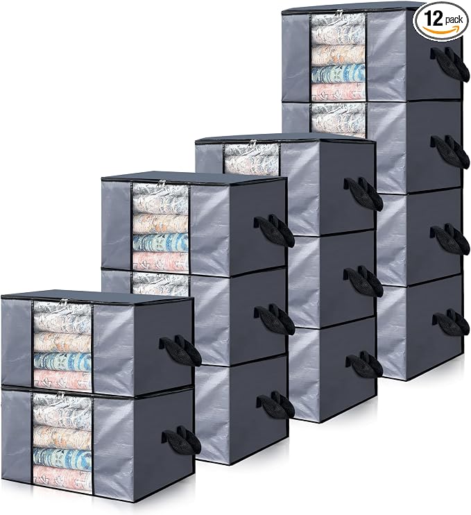 Cosy Family 12 Pack 90L Heavy Duty Extra Large Moving Bags with Reinforced Handle - Strong Handles & Zippers, Storage Totes For Space Saving, Fold Flat, Alternative to Moving Box, Grey