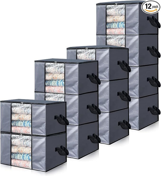 Cosy Family 12 Pack 90L Heavy Duty Extra Large Moving Bags with Reinforced Handle - Strong Handles & Zippers, Storage Totes For Space Saving, Fold Flat, Alternative to Moving Box, Grey