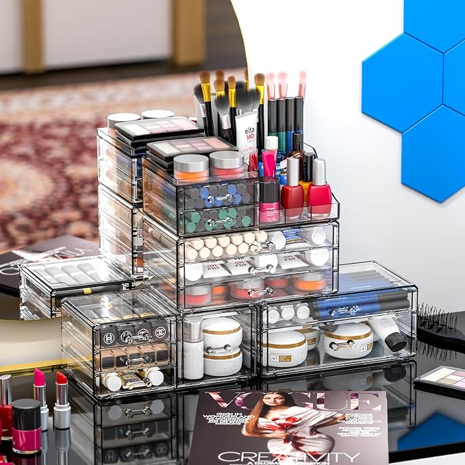 Acrylic Clear Makeup Organizer Countertop,Stackable Skincare Organizer for Vanity With 11 Drawer,Large Plastic Desk Accessories Organization,Bathroom Cosmetic Organizer Countertop for Beauty,Skin Care