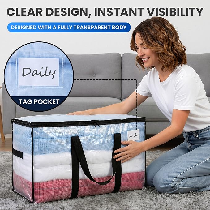 TAILI Extra Large Moving Bags, 12 Pack Clear Heavy Duty Totes For Storage with Visible Window, Wrap Around Handles, Storage Bags for Space Saving, Alternative to Moving Boxes