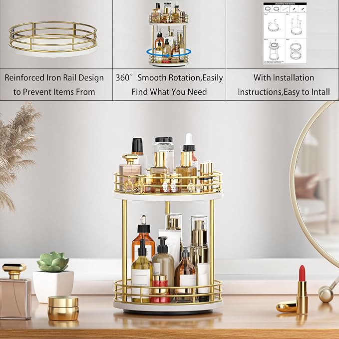 2-Tier Rotating Bathroom Countertop Organizer, Wooden Makeup Vanity Storage, Multifunctional Lazy Susan Turntable for Skincare, Perfume and Cosmetics (White-Gold)