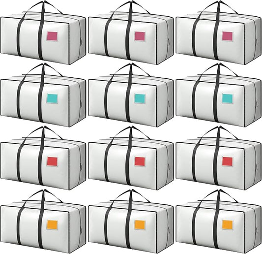12 Pack Moving Bags with Full-Open Side Zipper, Extra Large 93L Heavy Duty Waterproof Foldable Storage Totes for College Dorm, Moving & Home Organization,White