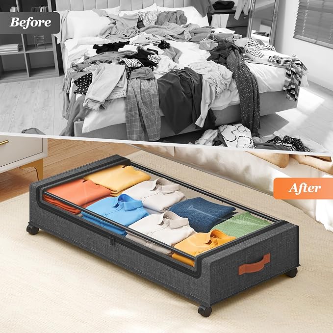 Yecaye 70 L Under Bed Storage with Wheels, 3 Pack Larger Capacity Under Bed Storage Containers, Underbed Shoe Storage Organizer, Rolling Under Bed Metal Drawers for Clothes, Blankets, Hemp Grey