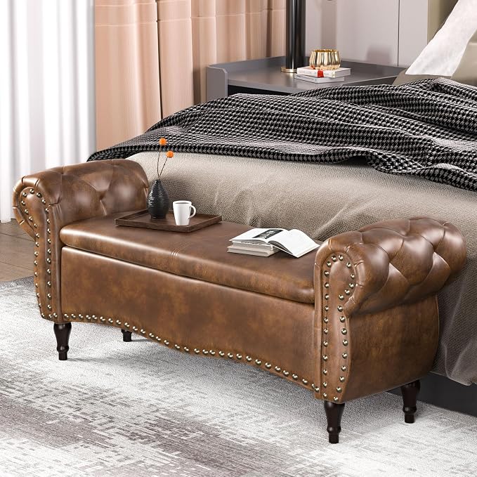 ZZW Storage Ottoman Bench, 51" Length Upholstered End of Bed Storage Bench for Bedroom with Safety Hinge, Tufted Bed Benches with Rolled Arm and Nailhead Trim for Living Room, Entryway Brown