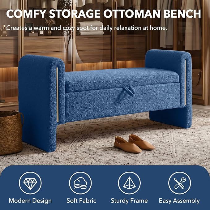 52" Flip-Top Storage Ottoman Bench, Teddy Entryway Bench (Blue) | Teddy Fleece Upholstered End of Bed Bench with Armrests, Soft Padded Window Bench for Living Room Bedroom Entryway
