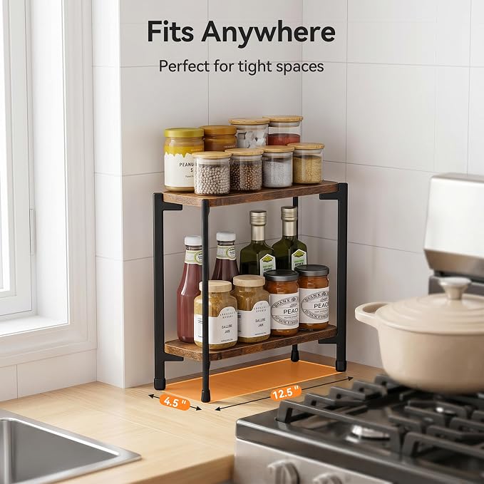 pickpiff 2 Tier Spice Rack Organizer for Kitchen Countertop, Wood and Metal Seasoning Shelf, Space-Saving Spice Organizer for Kitchen Counter, Coffee Bar and Dining Table, Brown