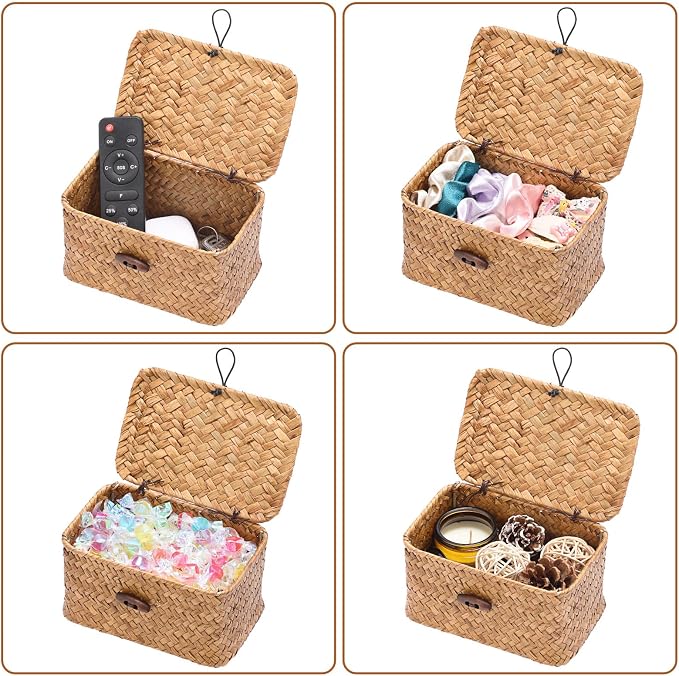Small Decorative Box Natural Seagrass Box with Lid, 6.1"x 4"x 3.3" | Wicker Basket for Organizing Keys,Wicker Shelf Baskets for Bathroom & Living Room