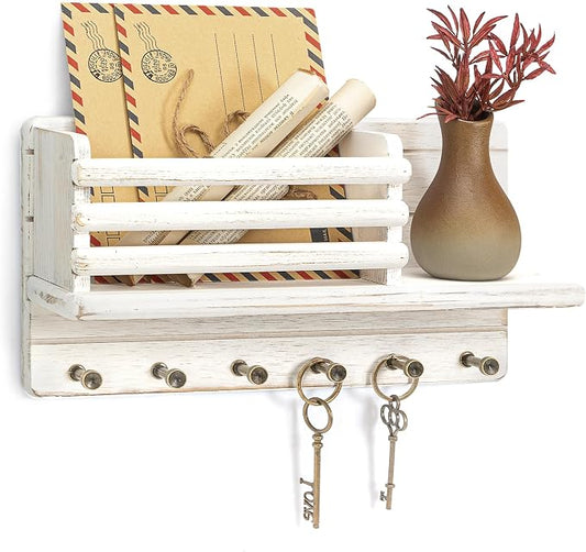 Rebee Vision Key Holder Wall Mount with Mail Slot for Room Decor, Whitewash | Key Holder for Wall, Mail Organizer, 8 Key Hooks, Dog Leash and Hat Storage, key Hanger, Letter Storage, Room Organization