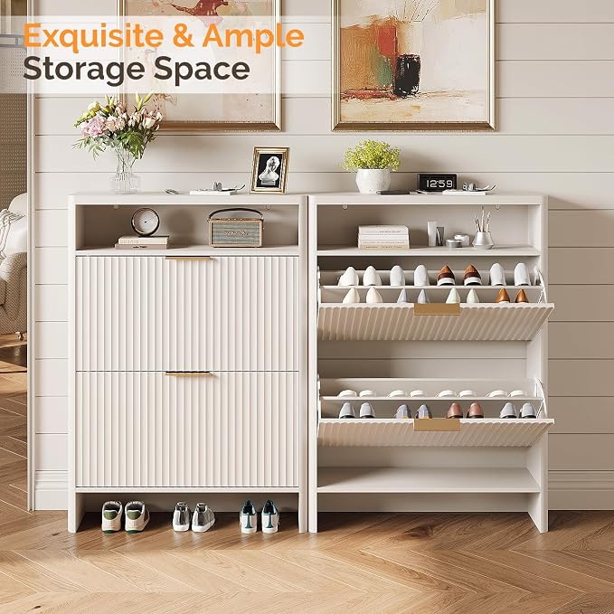 VINGLI White Slim Shoe Cabinet with Curved Edges, Modern Hidden Shoe Storage Organizer with 2 Flip Drawers & Open Shelf, Narrow White Shoe Cupboard with Fluted Panel & Anti-Tip Kit, 32.7" W
