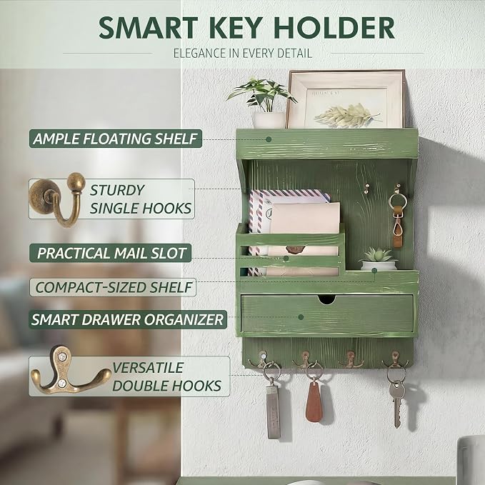 Rebee Vision Key Holder Wall Mount with 6 Key Hooks for Entryway, Green | Pine Wood, Key Holder for Wall, Floating Shelf, Plant Display, Small Drawer Organizer, Mail Sorter, Room Decor, Home Storage
