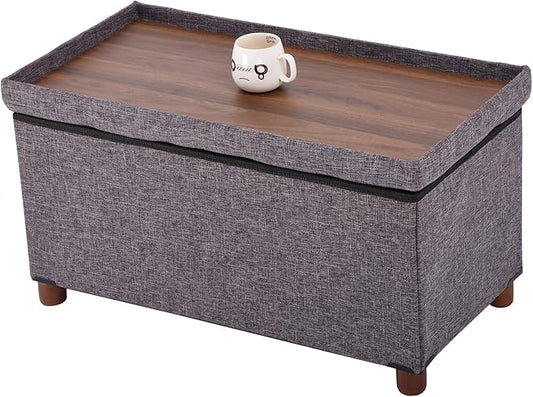 30 Inches Storage Ottoman Bench, Rect Grey, Modern, Classic Style, Linen Fabric, Walnut Wood Legs