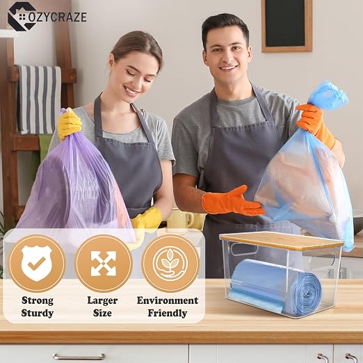 2-in-1 Stackable Trash Bag Dispenser & dishwasher pod holder with Wooden Top – Garbage Bag Holder for 13-33 Gallon Bags – Trash Bag Dispenser Under Sink with Anti-Slip Base for Laundry Detergent Pods