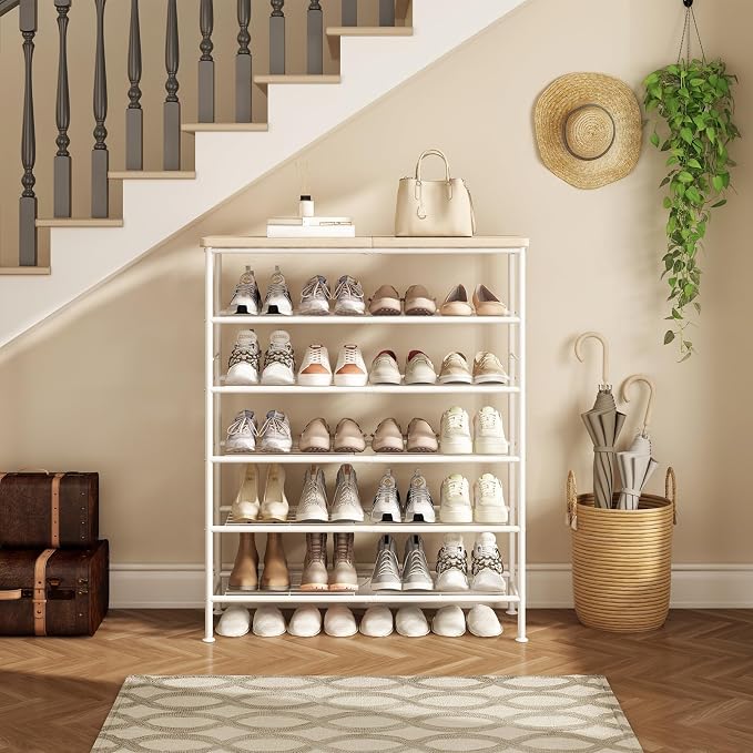 SUOERNUO 6 Tier Shoe Rack Organizer for Closet Shoe Storage for Entryway | Free Standing with MDF Top Board,Sturdy Metal Frame,Ideal for Living Room,Hallway White