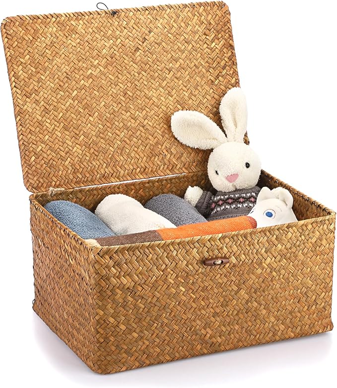 Hipiwe Wicker Shelf Baskets Bin with Lid Handwoven Storage Basket, X-Large | Rectangular Basekts Bins Natural Seagrass Household Basket Boxes for Shelf Wardrobe Home Organizer, Caramel
