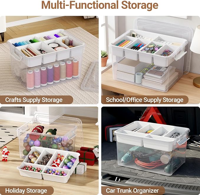 160Qt Stackable Storage Bins with Lids Trays Craft Box Organizers, 4Pack,WH | Clear Plastic Latching Boxes Organizers with Dividers Portable Containers for Arts & Crafts, Home Office Classroom Car Trunk