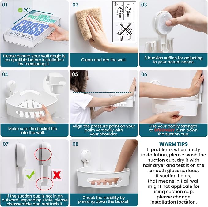 TAILI Corner Shower Caddy with Suction Cups, Wall Mounted Organizer Plastic Rack for Small Bathrooms, Kitchen, Removable Drill-Free Heavy Duty Shelf Basket, White | Plastic Rack, Small Bathroom Caddy, Removable, Drill-Free ,Heavy Duty Shower Basket