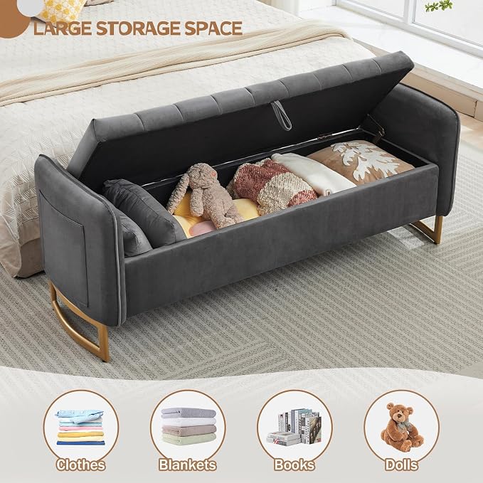 66" King Size End of Bed Storage Bench, Storage Benches for Bedroom Foot of Bed, Upholstered Storage Ottoman Bench with Golden Legs and Pillow for Living Room Window Entryway, Velvet Dark Grey