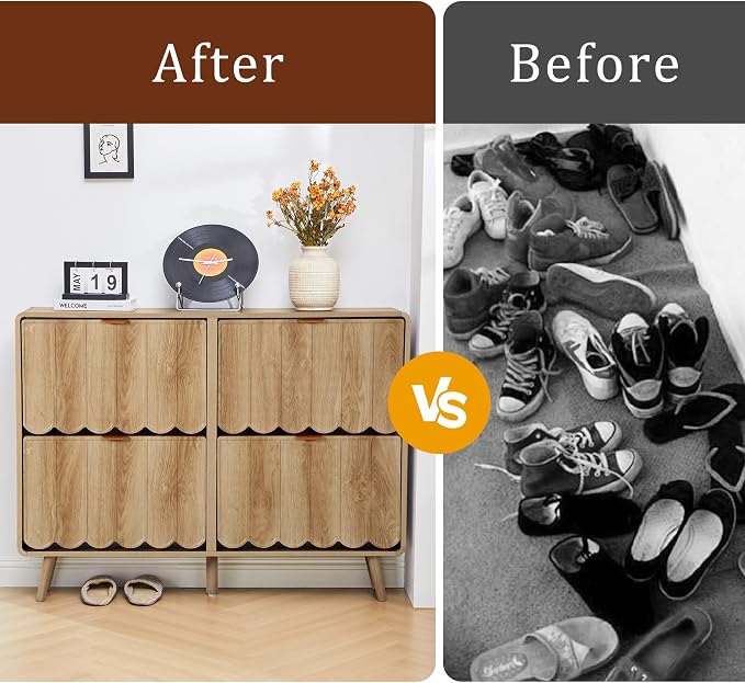 Shoe Storage Cabinet for Entryway with 4 Flip Drawers, Freestanding Narrow Wood Shoe Cabinet with Wave Panel, Hidden Shoe Organizer for Foyer, Hallway (Natural)