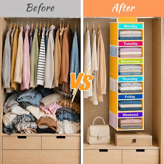 Weekly Clothes Organizer for Closet, 6-Shelf Hanging Closet Organizer with 6 Side Pockets(Yellow)