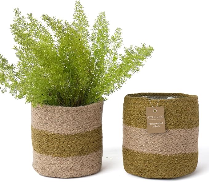 Jute Small Plant Pots Set of 2, 6.5 inches- Olive & Natural | Jute Planter Basket-Woven Rope Covers for Decorating Indoor/Outdoor Succulents Multi-Purpose Storage Bins Modern Style Decor