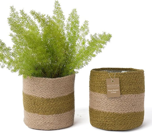 Jute Small Plant Pots Set of 2, 6.5 inches- Olive & Natural | Jute Planter Basket-Woven Rope Covers for Decorating Indoor/Outdoor Succulents Multi-Purpose Storage Bins Modern Style Decor