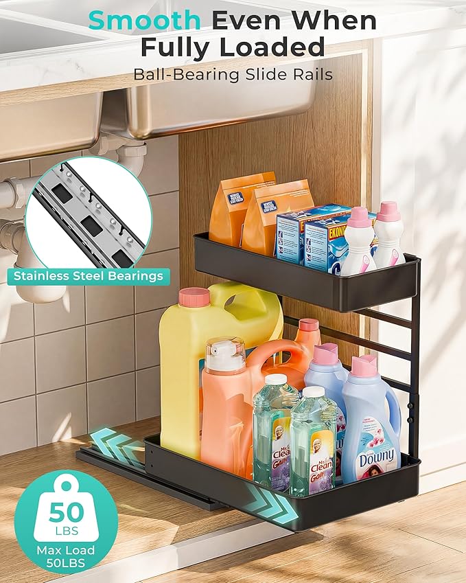 EVERIE Metal Pull Out Slide Shelf Organizer for Under Sink Organization in Kitchen, Bathroom, Counter, Cabinets, Minimum Available Space 13" Wide x 16.5" Deep (Black, 1 Set)
