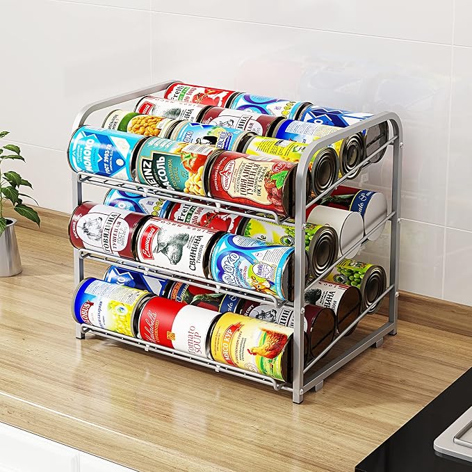 Can Rack Organizer,3 Tier Stackable Can Storage Dispenser,Sliver | Can Food Storage Rack|Holds 36 Cans|Space-Saving Pantry&Cabinet|Easy Access to Canned Goods-13.4"D x 16.6"W x 14.8"H