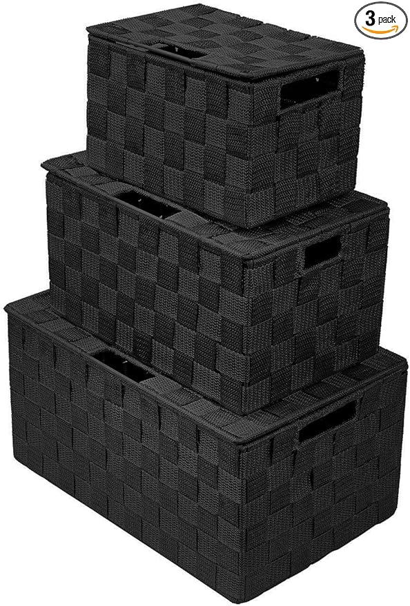 Sorbus Set of 3 Black Woven Storage Baskets with Lids – Mesh Hand-Woven Bins for Closet, Shelf, and Linen Organization – Variety Pack