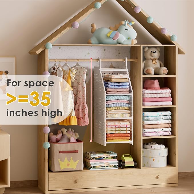 Honkazita 3-Tier Foldable Hanging Closet Organizer, White | Free-Standing Closet Hanging Organizer, For Wardrobe, Laundry Room, Plastic Hanging Closet Shelves, for Clothes, Handbags