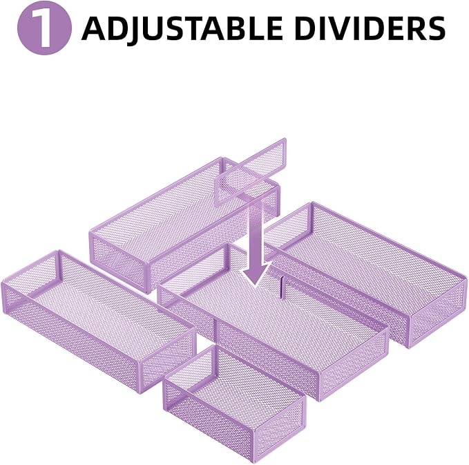 Marbrasse 5 Pack Desk Drawer Organizer Set, Mesh Drawer Storage Trays with 1 Adjustable Divider, Desk Organizers and Accessories, 5 PCS Drawer for Office Supplies, Makeup & Vanity (Purple)