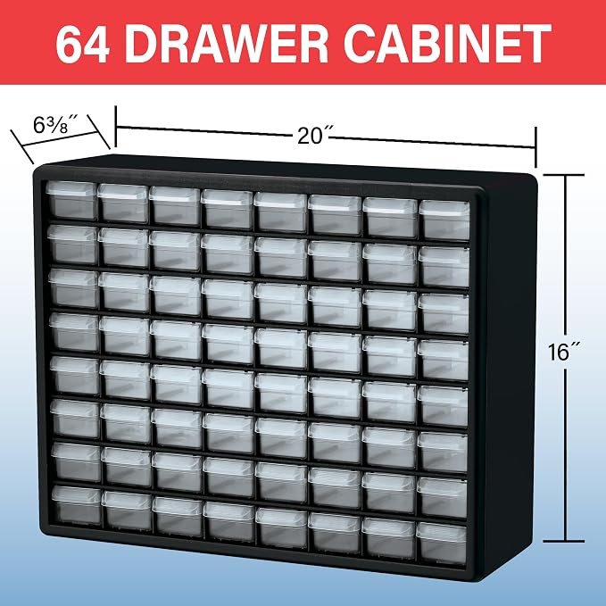 Akro-Mils 64-Drawer Plastic Storage Cabinet, 20"W x 6"D x 16"H, Yellow | Plastic Cabinet w/ Drawers for Garage Organization, Beads, Building Bricks Storage, Teacher Toolbox, Makeup Organizer, 10164