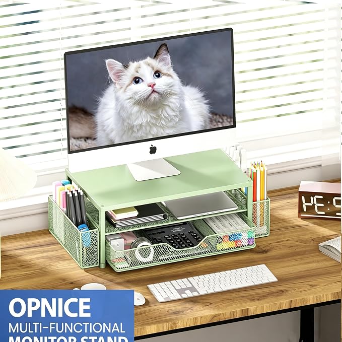 OPNICE Desk Organizers and Accessories, Computer Monitor Stand Riser with Drawer and 2 Pen Holders, Printer & Laptop Stand, Office Desk Accessories & Workspace Organizers for Home Office Supplies, Green