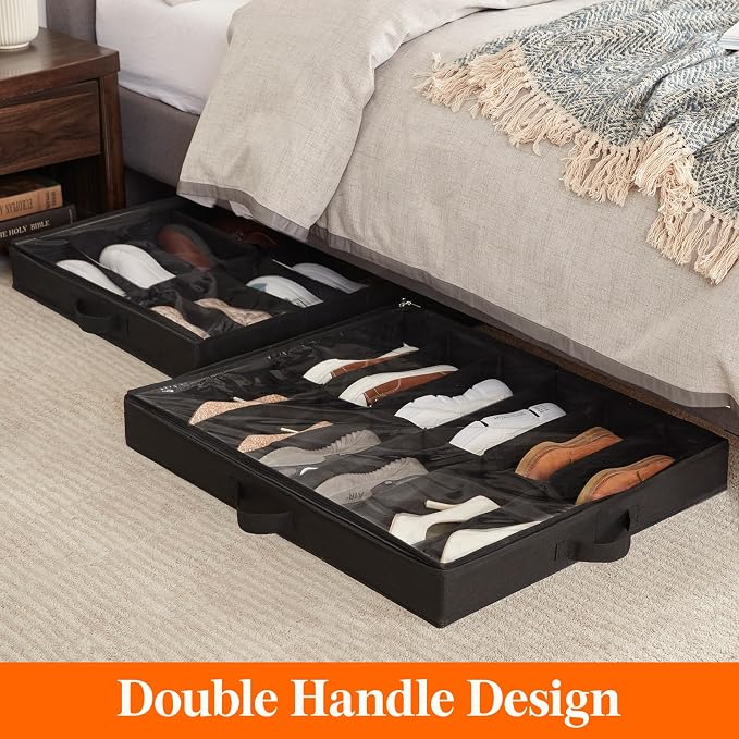 Lifewit Under Bed Shoe Storage Organizer 3 Pack(12 Shoes Cells), 4.3 Inches Profile Fabric Shoes Container Box with Clear Cover, Foldable Storage Bag with 2 Handles, Fits 18 to 36 Pairs