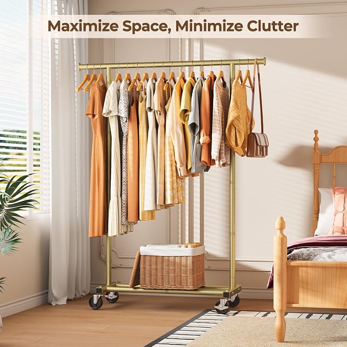 HYSEYY Clothes Rack, Clothing Rack for Hanging Clothes, Rolling Garment Rack Sturdy Coat Rack Portable Wardrobe Rack Metal Closet Rack for Bedroom Laundry Living Room, Warm Gold