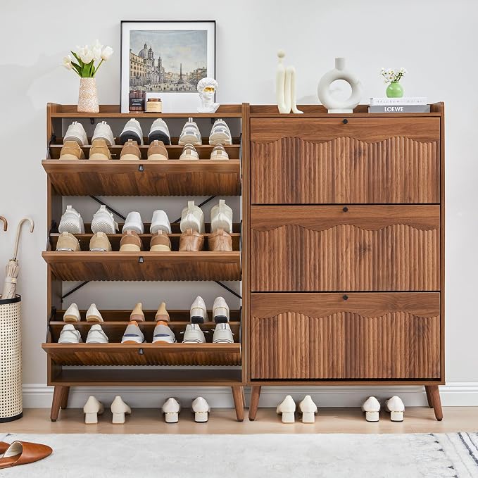 BERRYMERRY 51.2" Tall Shoe Storage Cabinet with 3 Flip Drawers for Entryway | narrow,entryway,adjustable feet,24 pairs shoe,shoe organize,hidden shoe rack,fluted panel,wave pattern,wood,space saving